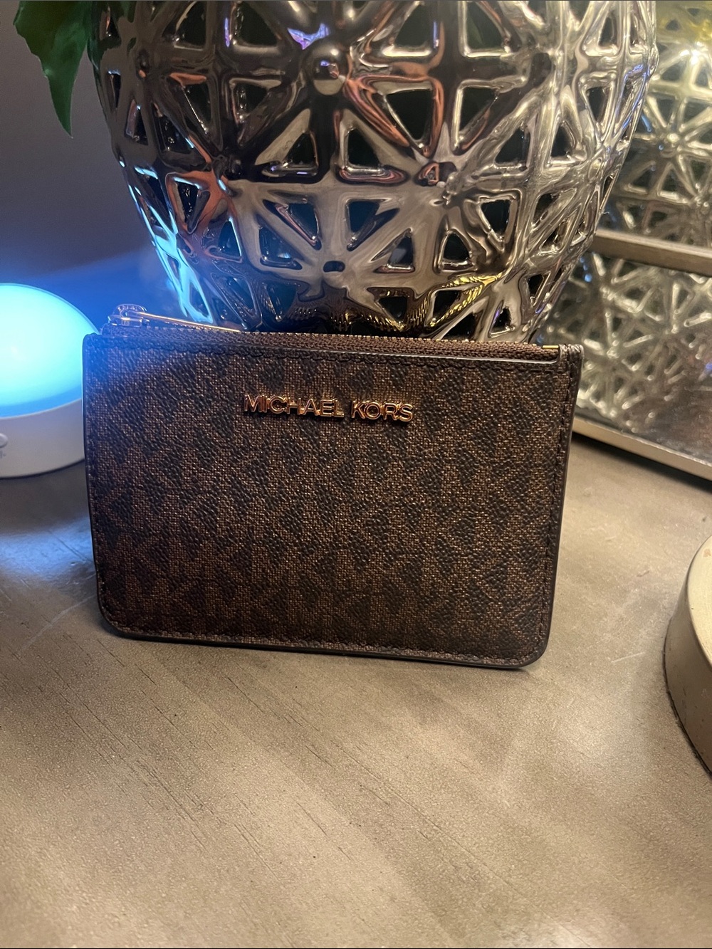 Michael Kors Brown Logo Zip Card Case with Gold Hardware